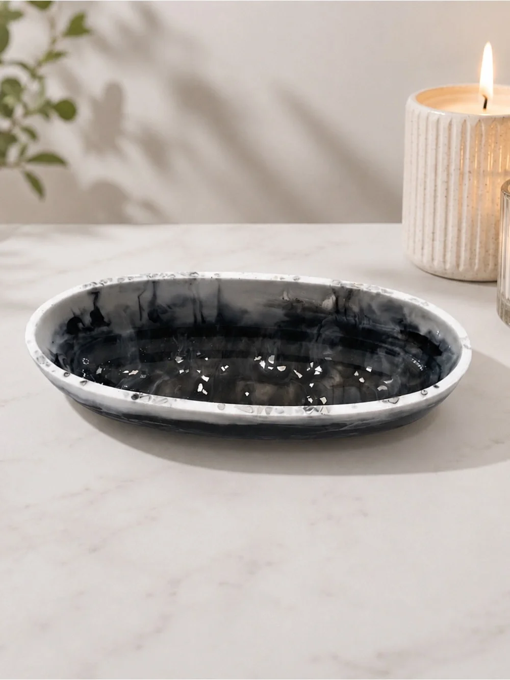 Black Marbled Oval Ceramic Soap Dish - Home Bath Vanity Tray